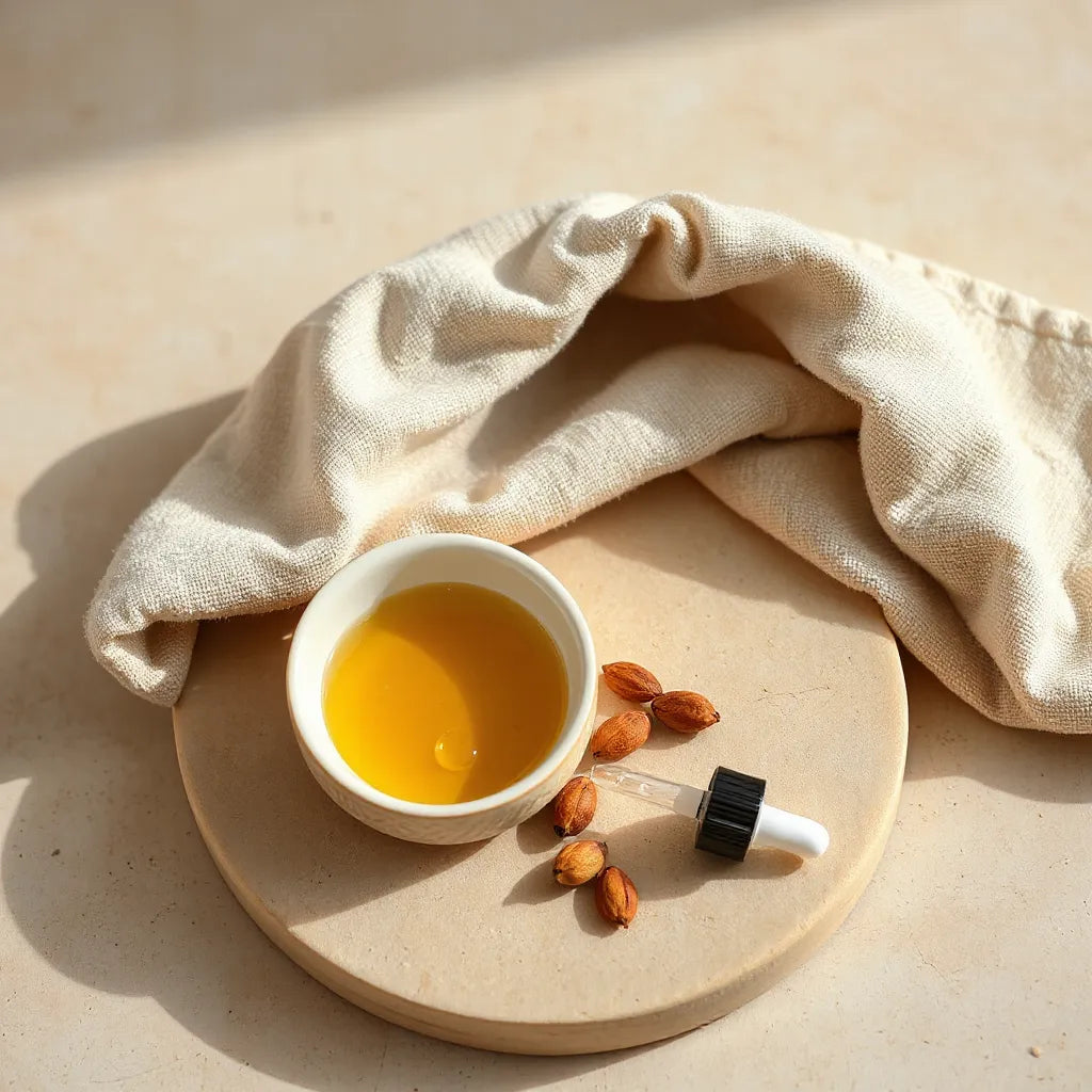 Moroccan-inspired skincare ingredients on a stone surface with a linen towel and dropper.