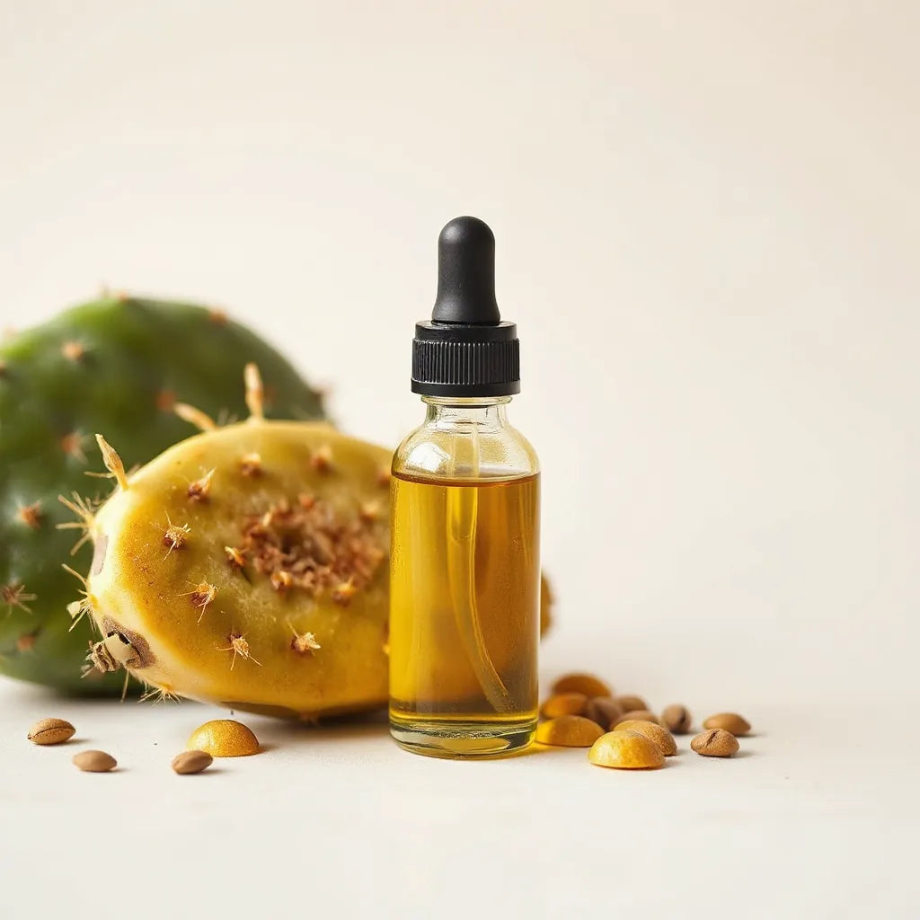 Golden prickly pear seed oil in a dropper bottle with prickly pear cactus pads and seeds on a clean background