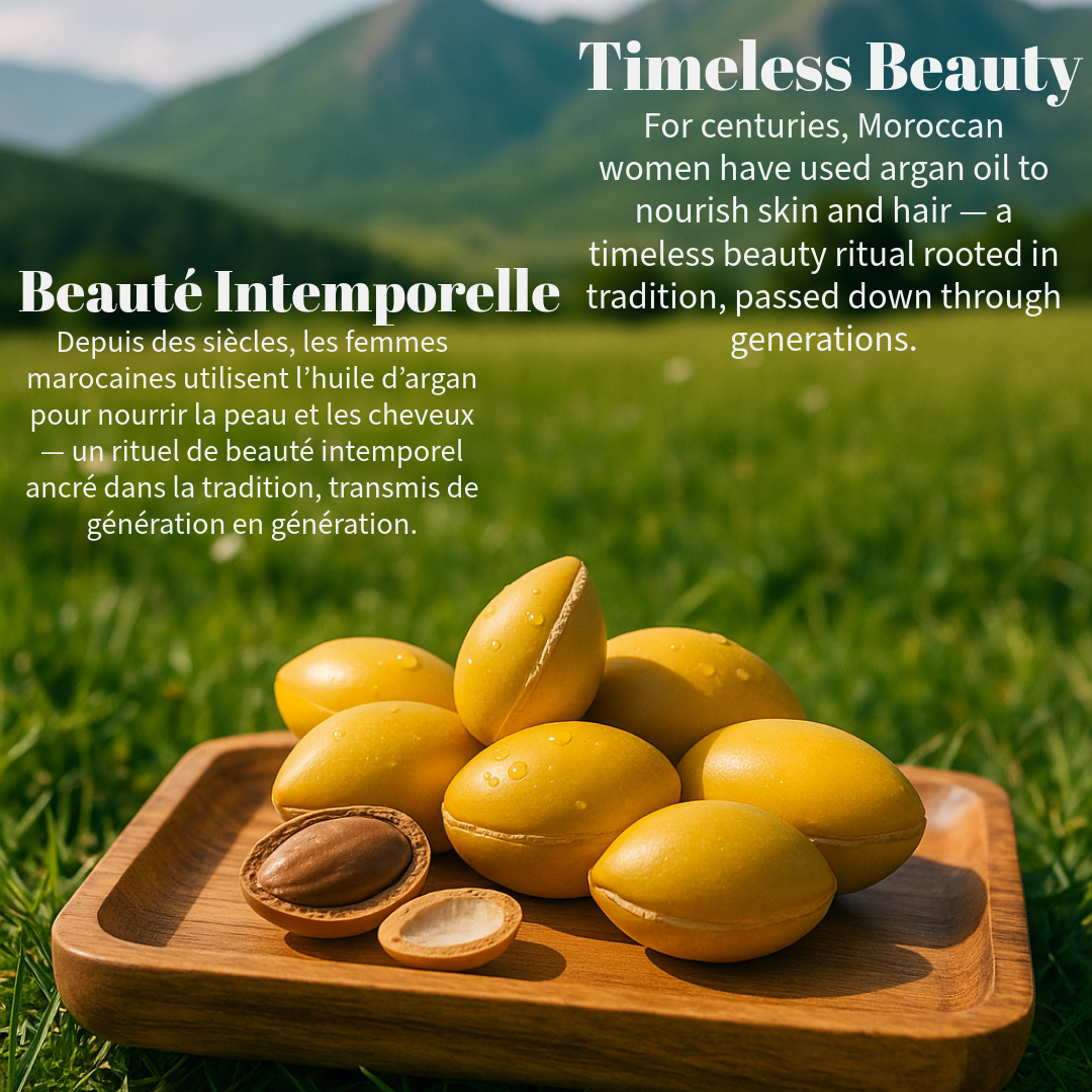 Argan fruits on a wooden tray with a scenic background