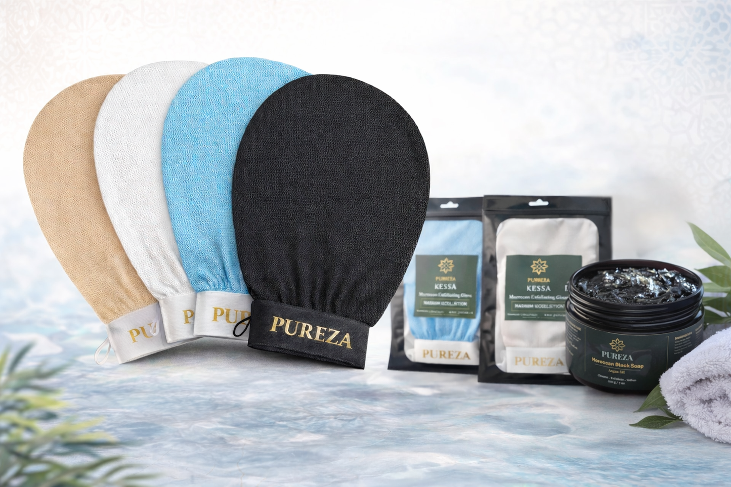 PUREZA product set including gloves, resealable pouch, and the moroccan black soap on a light background