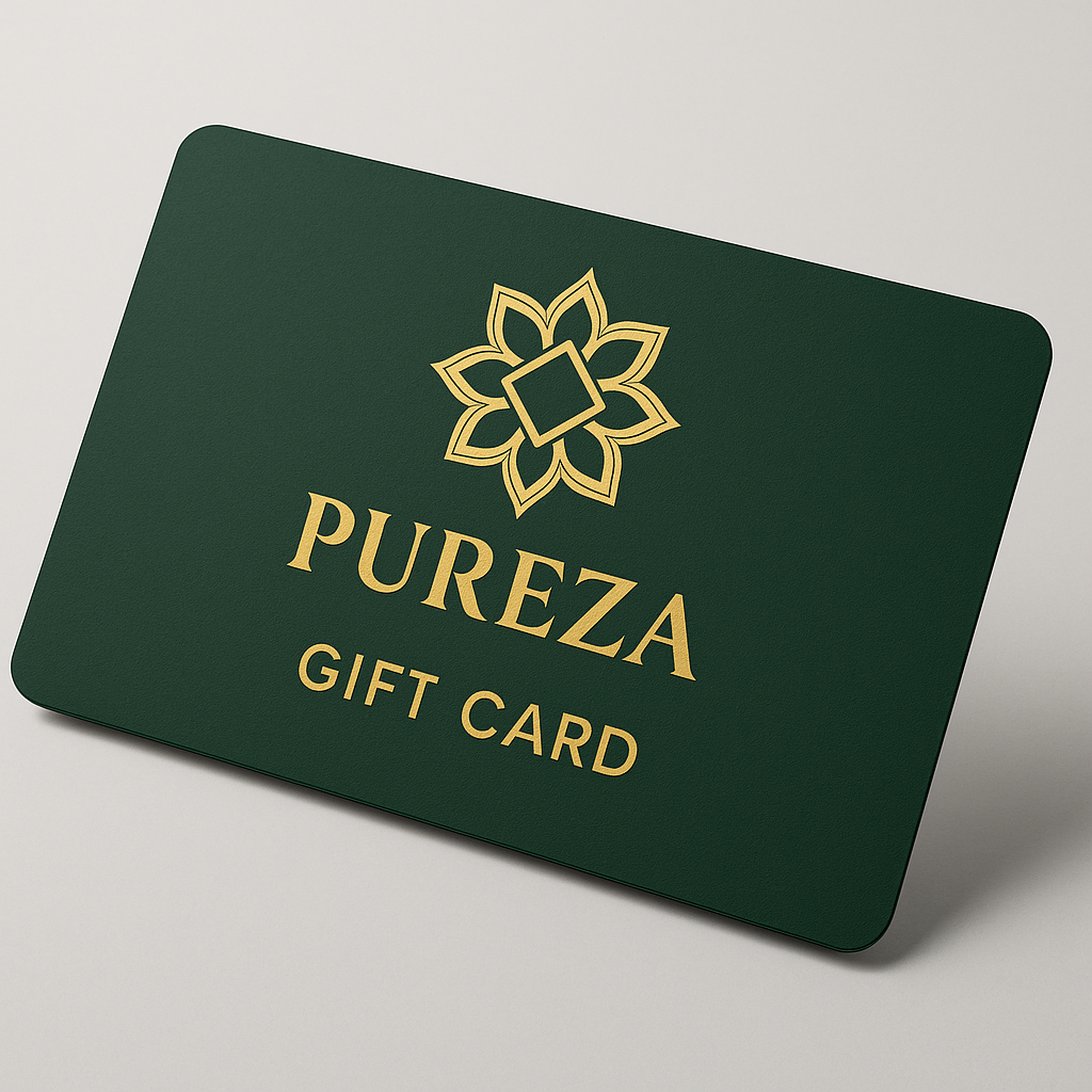 PUREZA gift card with gold logo and text on a dark green background