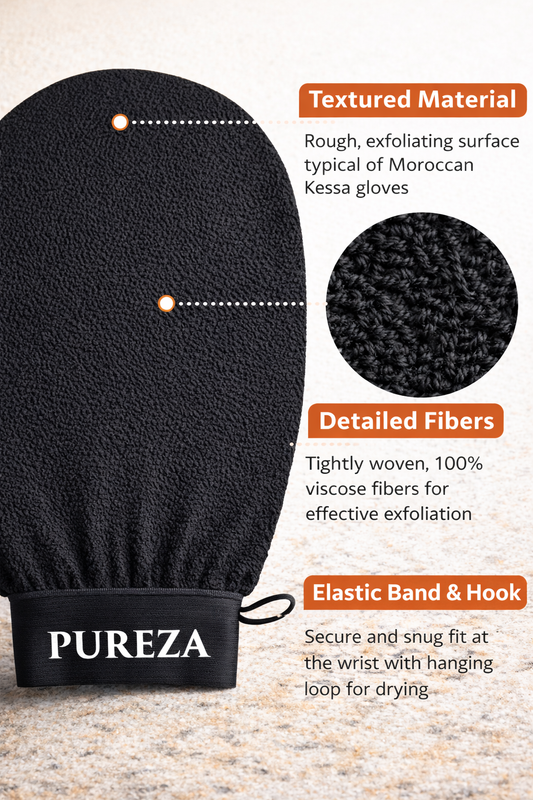 Black exfoliating glove with text highlighting features on a beige background